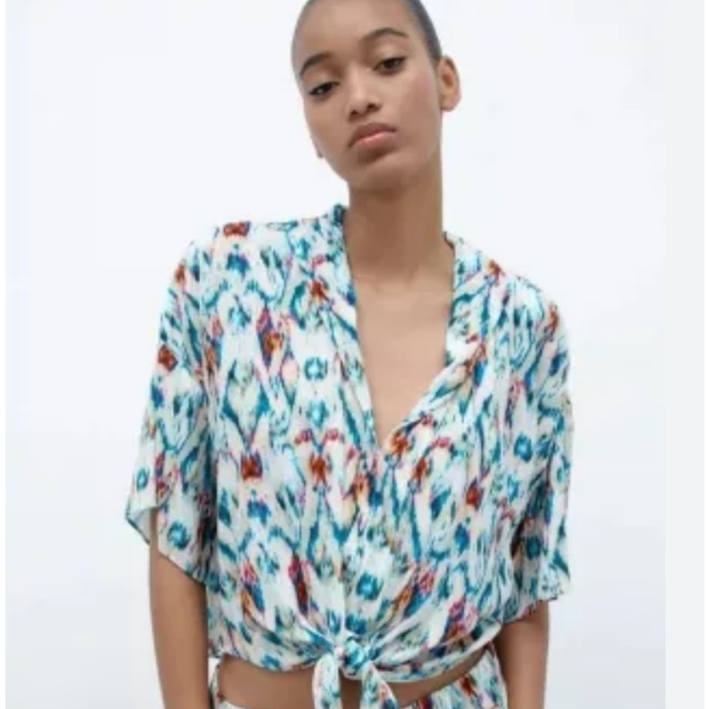 Zara Blue and White Crop Tie-Front Button Down Shirt